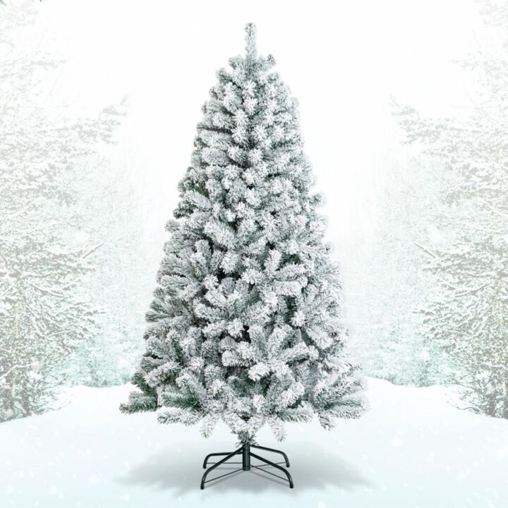 Hivvago 6/7.5/9 Feet Artificial Snow Flocked Hinged Christmas Tree with Metal Stand