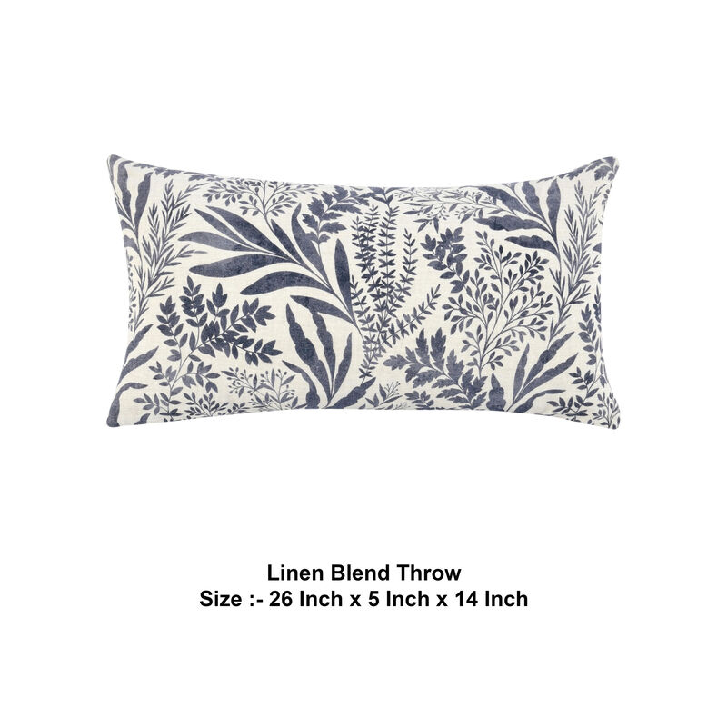 Mulo Lumbar Throw Pattern, Foliage Pattern, 14x26 Inch Blue Flax Linen - Benzara