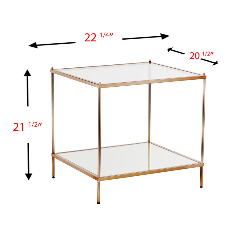 Hivvago 22 Inch Clear And Gold Glass And Iron Square End Table With Shelf