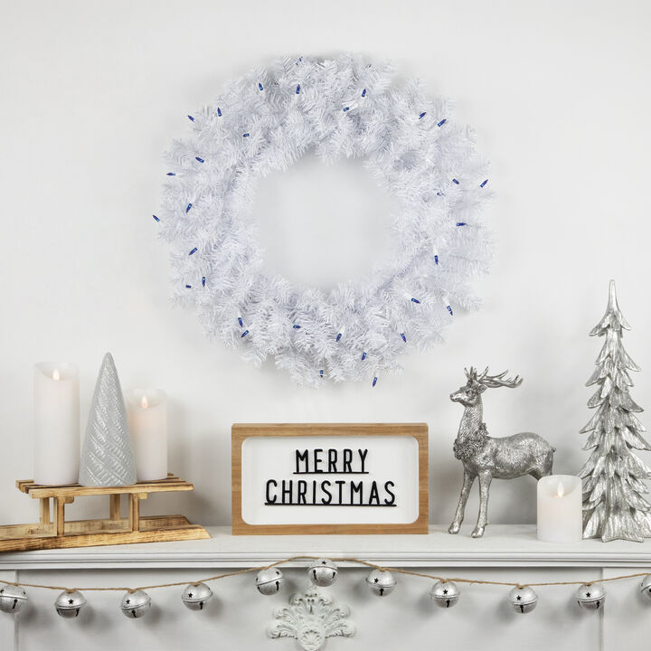 Pre-Lit Woodbury White Pine Artificial Christmas Wreath  24-Inch  Blue Lights
