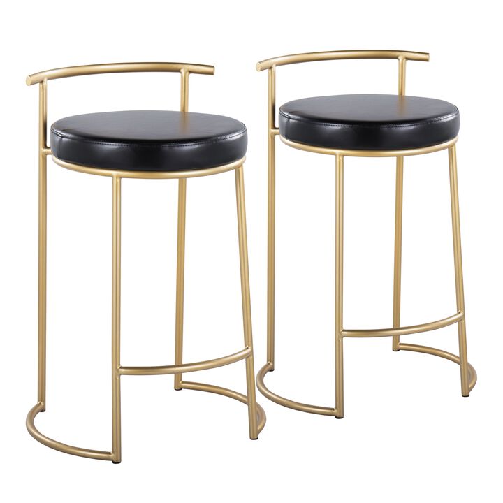Round Fuji 26" Contemporary Fixed-Height Counter Stool in Gold Metal and Black Faux Leather by LumiSource - Set of 2