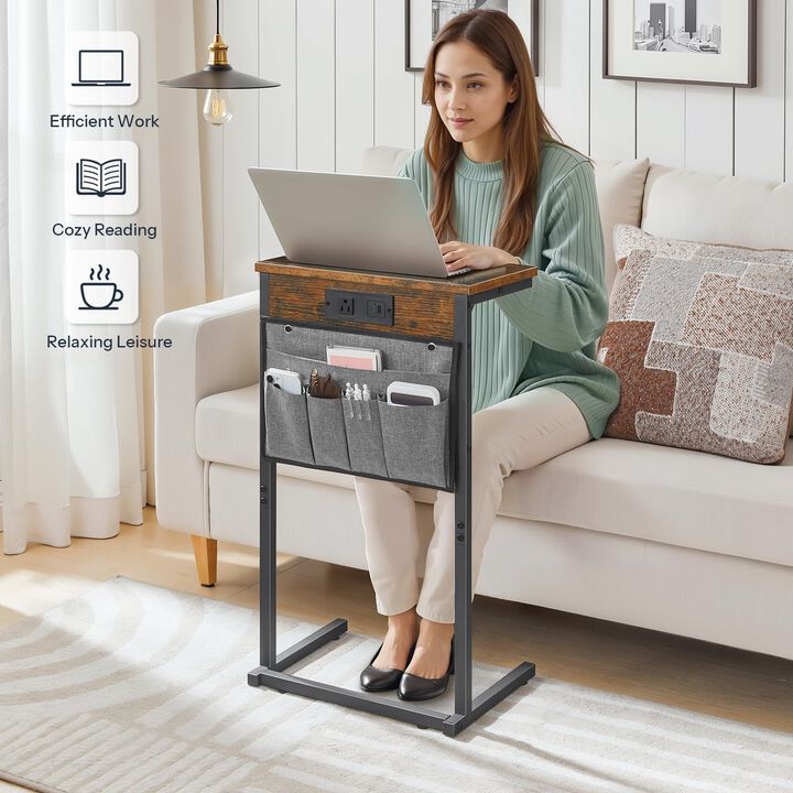 HOOBRO C Shaped End Table Set of 2 with Charging Station, 28"" Tall Couch Table for Couch and Recliner for Small Spaces, Slide U