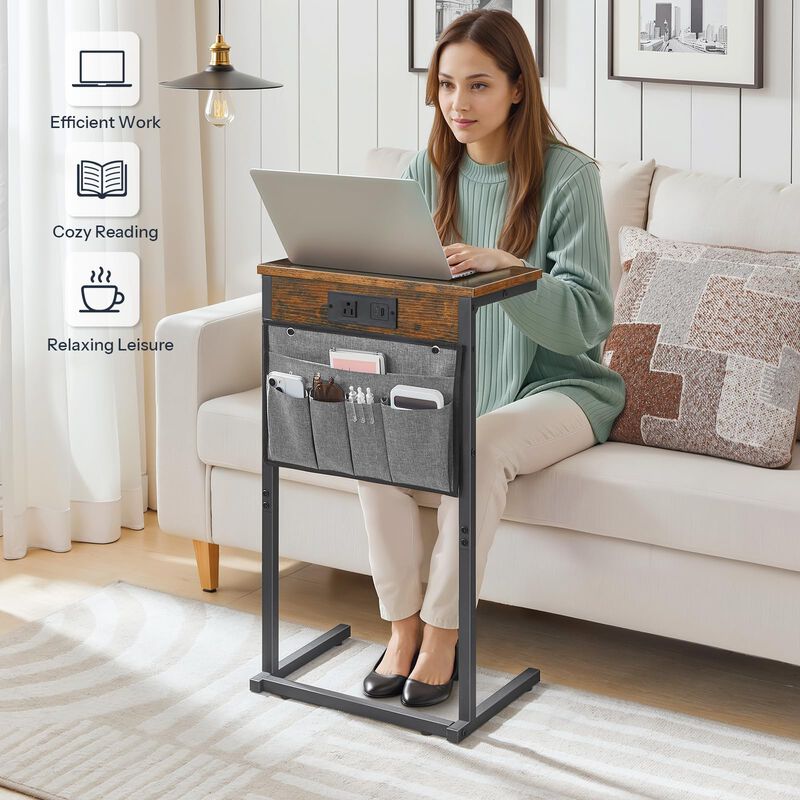 HOOBRO C Shaped End Table Set of 2 with Charging Station, 28"" Tall Couch Table for Couch and Recliner for Small Spaces, Slide U