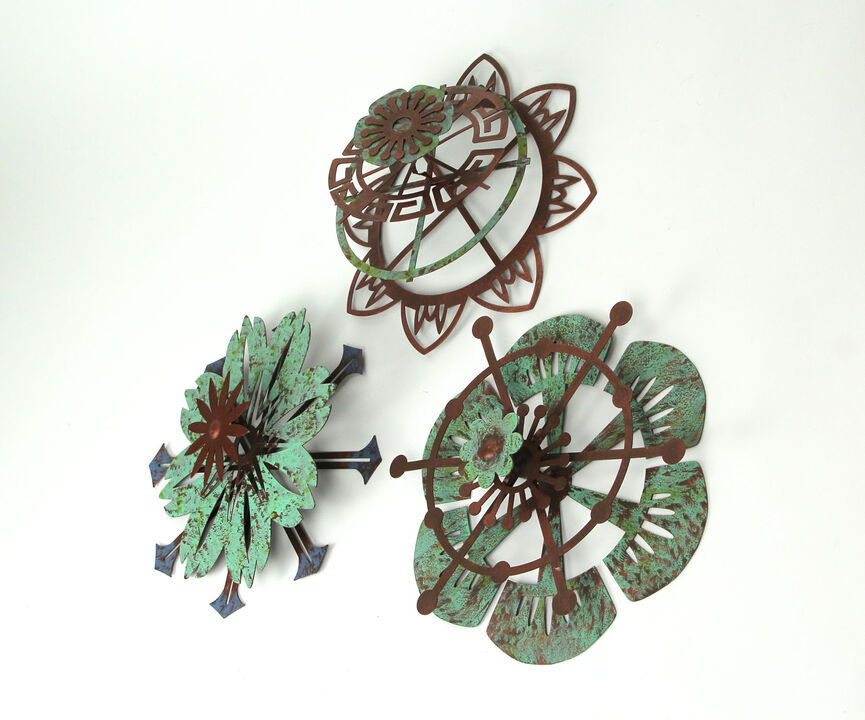 Set of 3 Metal Flower Wall Art Copper Verdigris Hanging Decor Floral Sculpture