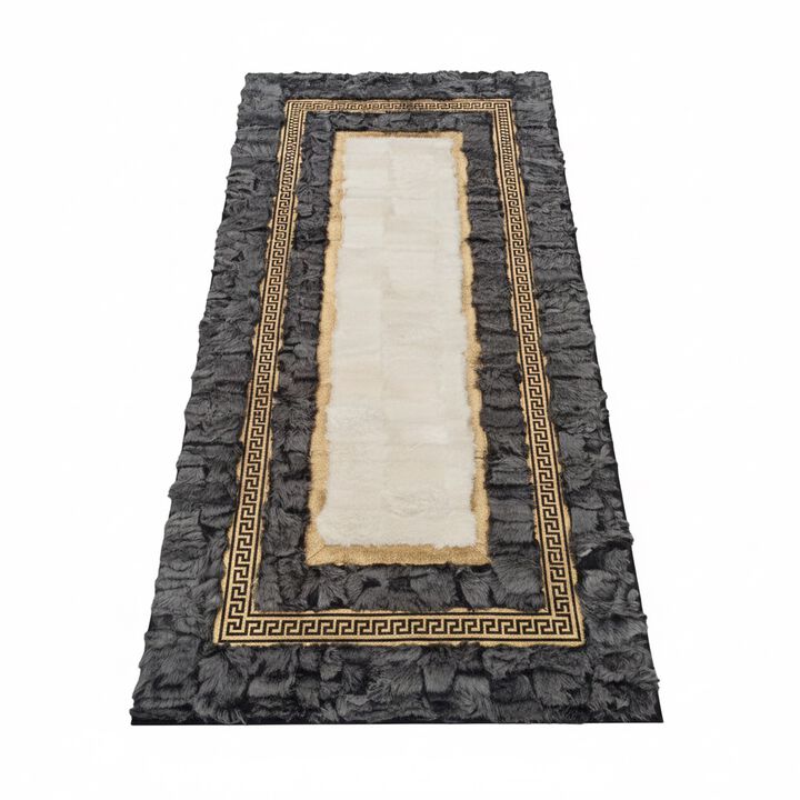 Gray Gold Tuscan Runner Rug, Long Handmade Fur Carpet with Greek Key Border, Custom Size Luxury Entryway Rug, Soft Natural Fur Runner
