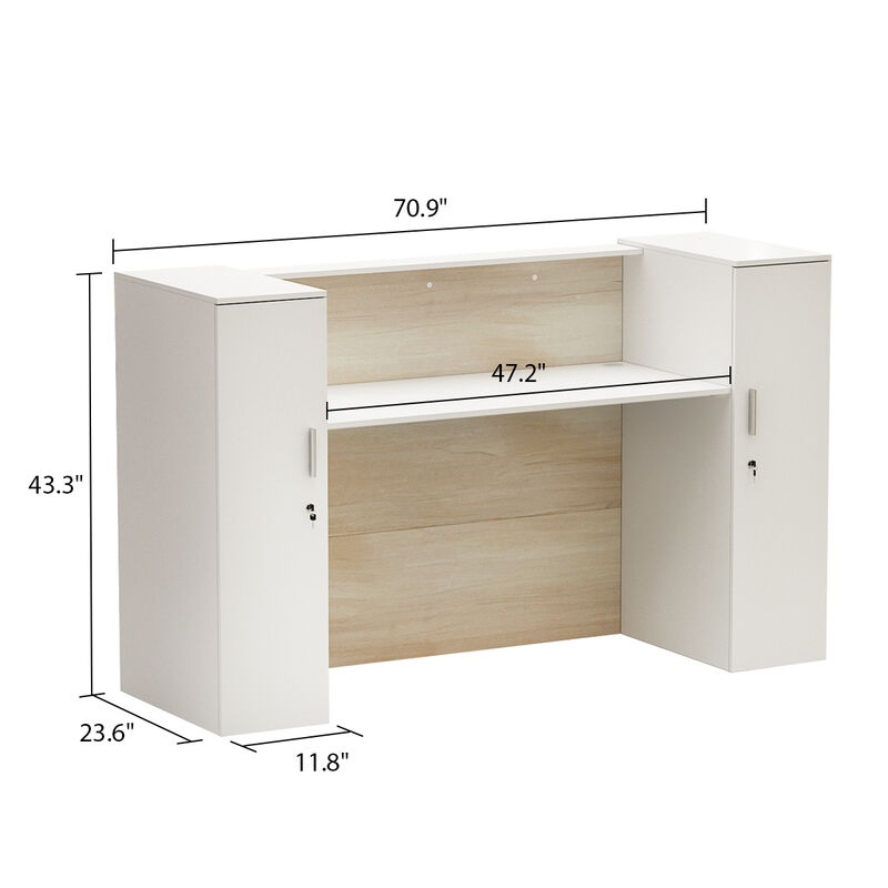 FUFU&GAGA Reception Desk with Dual Cabinets and Open Workspace, (70.9" W x 23.6" D x 43.3" H),White and Brown