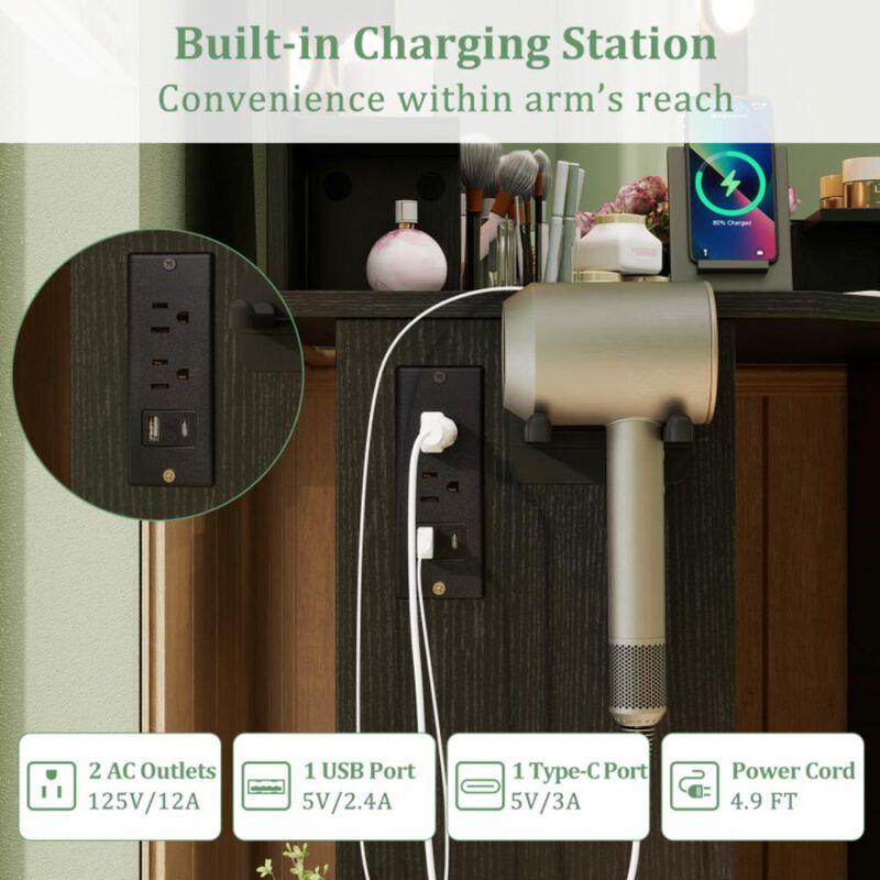 Hivvago Corner Vanity Desk with 3-Color LED Lighted Mirror and Power Outlet