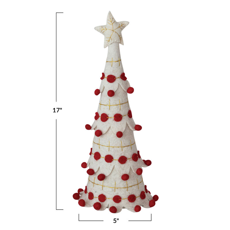 Artisan Wool Felt Tree with Star, Pom Poms & Gold Embroidery image number 1