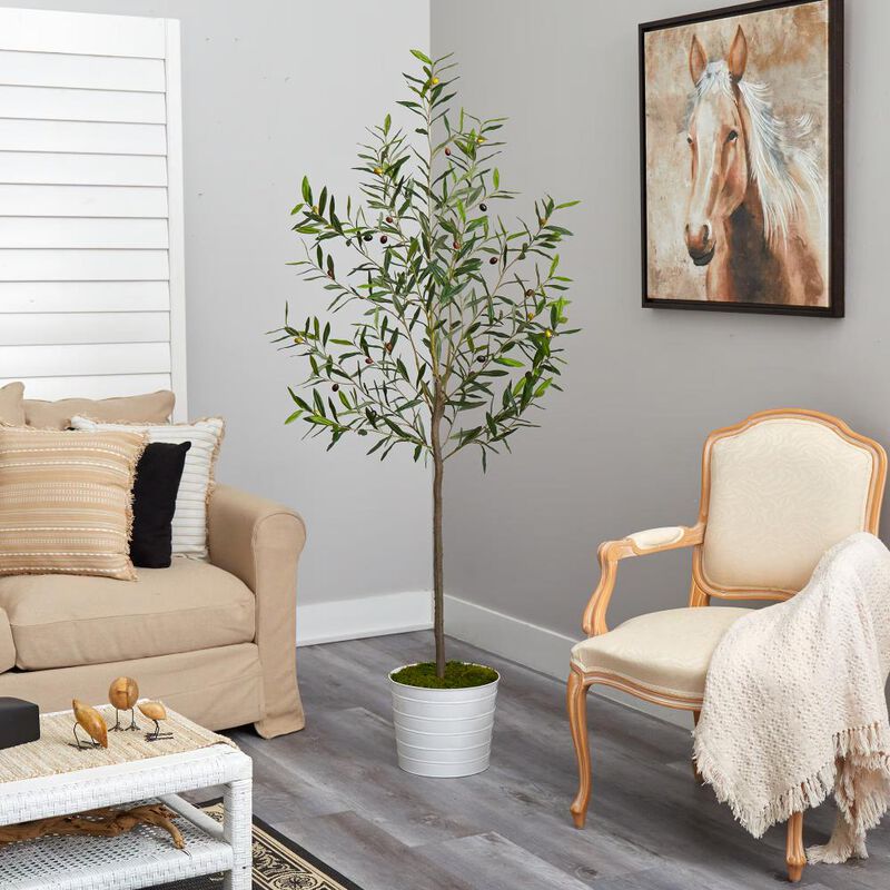 Hivvago 70 Inches Olive Artificial Tree in White Tin Planter