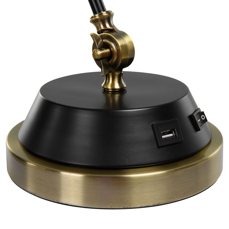23 Inch Desk Lamp, Adjustable Arm, USB Port, Antique Brass and Black Metal  - Benzara