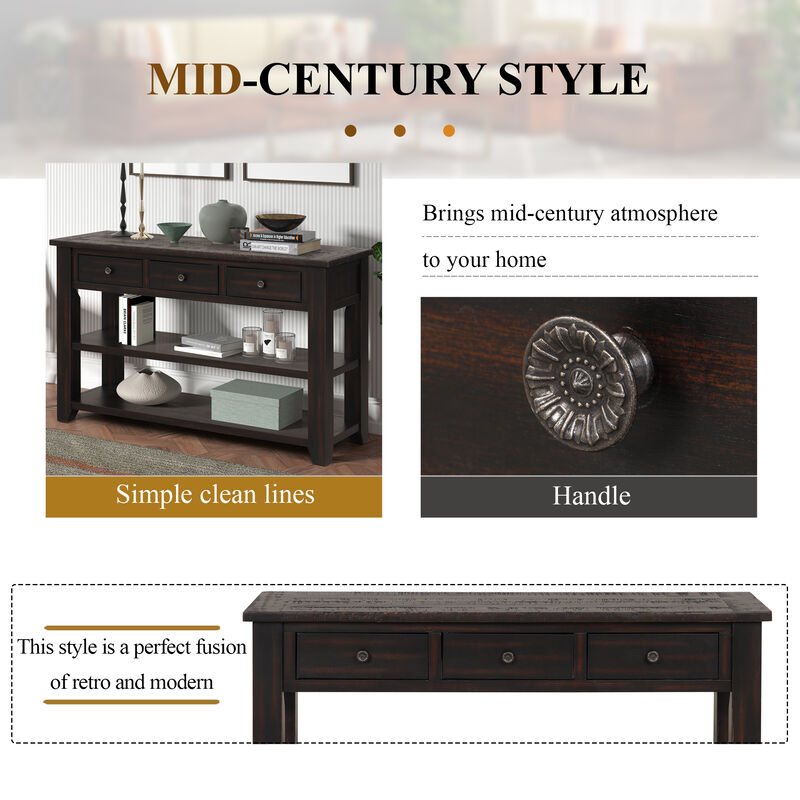 Whisen Classic Vintage Design Console Table with 3 Storage Drawers and 2 Shelves - Distressed Black