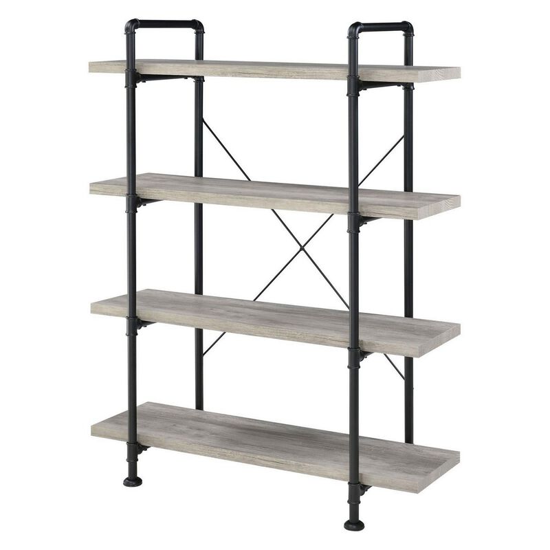 56 Inch 4 Tier Metal and Wooden Bookcase, Black and Gray-Benzara