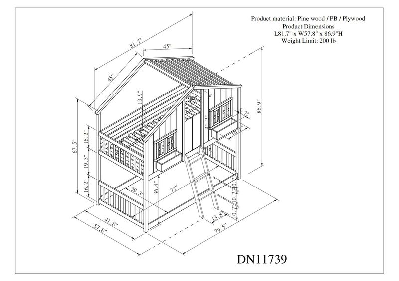 Twin over Twin House Bunk Bed with Roof , Window, Window  Box, Door , with Safety Guardrails and Ladder