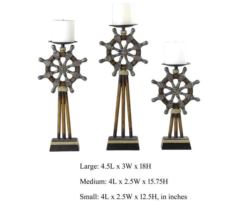 Capi 3pc Candle Holder Set w Candles, Bronze Wheel Shape, Solid Base - Benzara