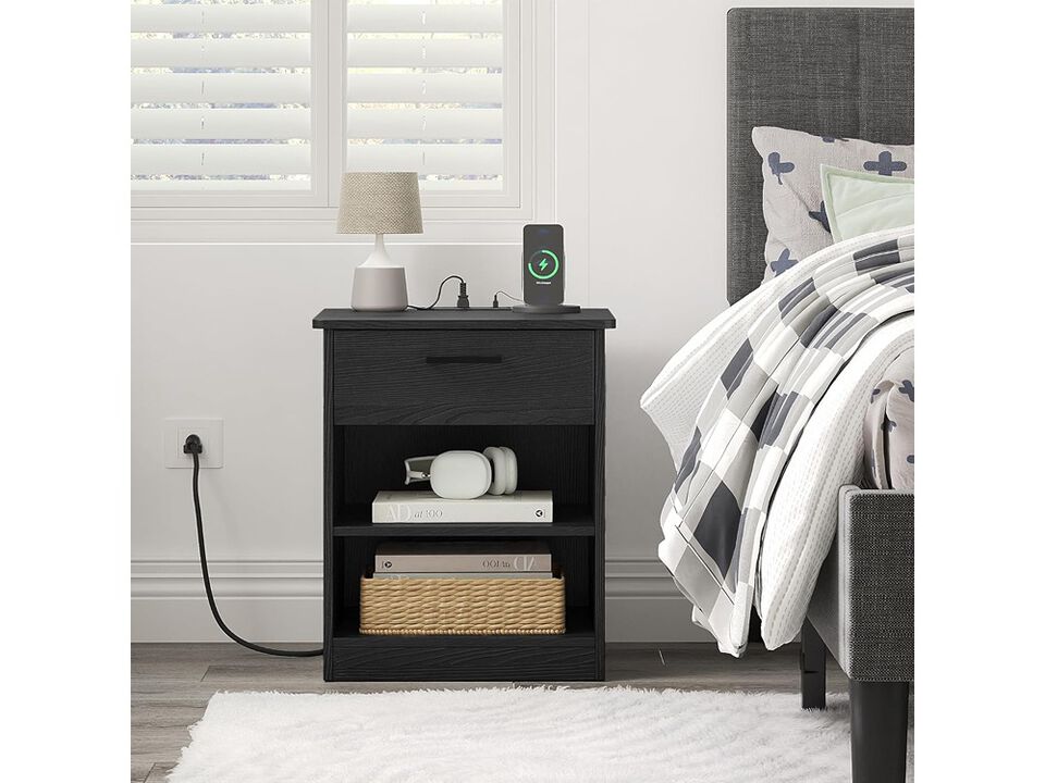 ODIKA Wooden Black Nightstand Bedside Table with Drawer