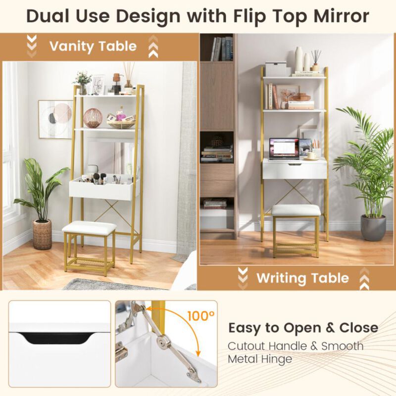 Hivvago Ladder Vanity Desk Set with Flip Top Mirror and Cushioned Stool