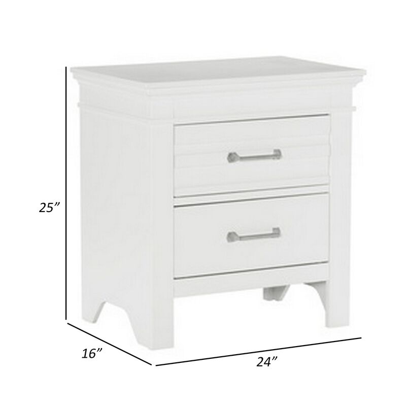 Candy 25 Inch Nightstand, 2 Drawers, Nickel Bar Handles, White Solid Wood - Benzara