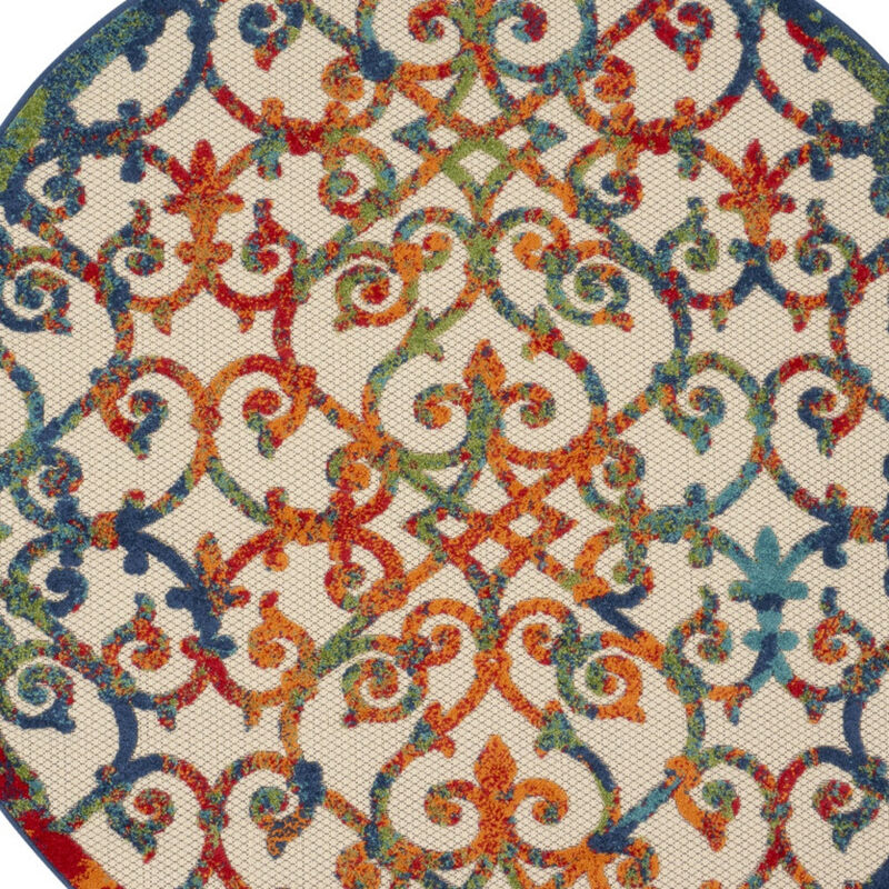 HomeRoots 5' Ivory Blue Orange And Green Round Trellis Indoor Outdoor Area Rug image number 3