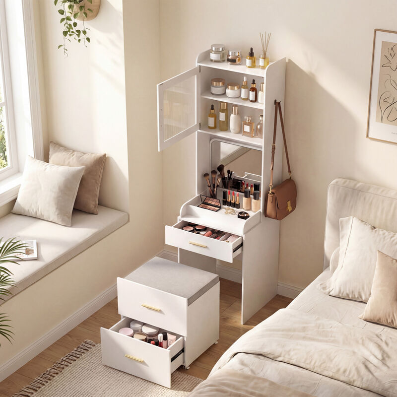 Bedroom Vanity Desk with Flip Top Mirror Power Outlets and Storage Stool image number 5