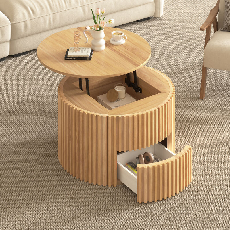 Merax Height-Adjustable Round Coffee Table with Smooth Lift Mechanism, Concealed Storage image number 3