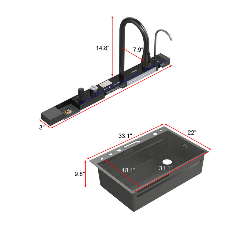 FUFU&GAGA PVD 304 Stainless Steel Kitchen Sink with Cutting Board, Drain Rack, and Smart Faucet,(33.1" W x 22" D x 24.6" H),Black