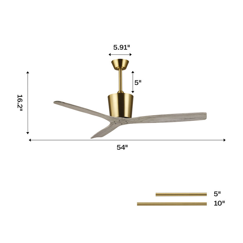 54 in. Gold Solid Wood Blades Downrod Mount Ceiling Fan with Remote without Light