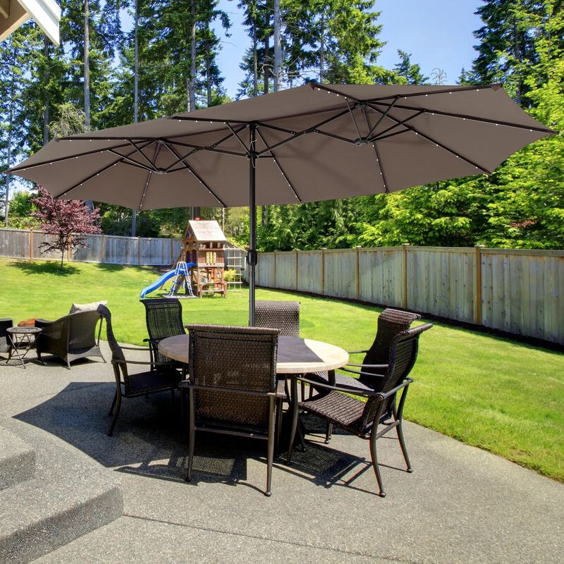 cantilever solar patio umbrella Polytrends 10 Ft. Solar Power Lighted Patio Umbrella with Base Stand Grey Stripe