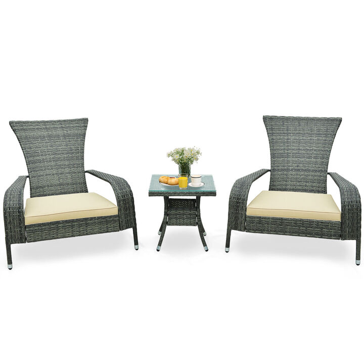 3-Piece Wicker Adirondack Set with Comfy Seat Cushions-Gray