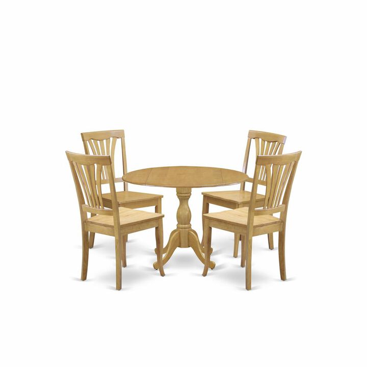 East West Furniture DMAV5-OAK-W 5 Piece Dining Room Table Set - Dropleaf Dining Room Table and 4 Oak Wooden Dining Chairs with Slatted Back - Oak Finish