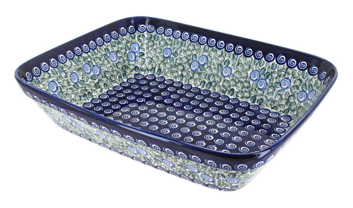 Blue Rose Polish Pottery Flowering Peacock Large Deep Baker