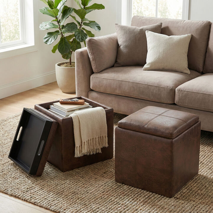 Rockwood 17 inch Wide Upholstered Vegan Leather Square Storage Ottoman with Tray, Aged Brown