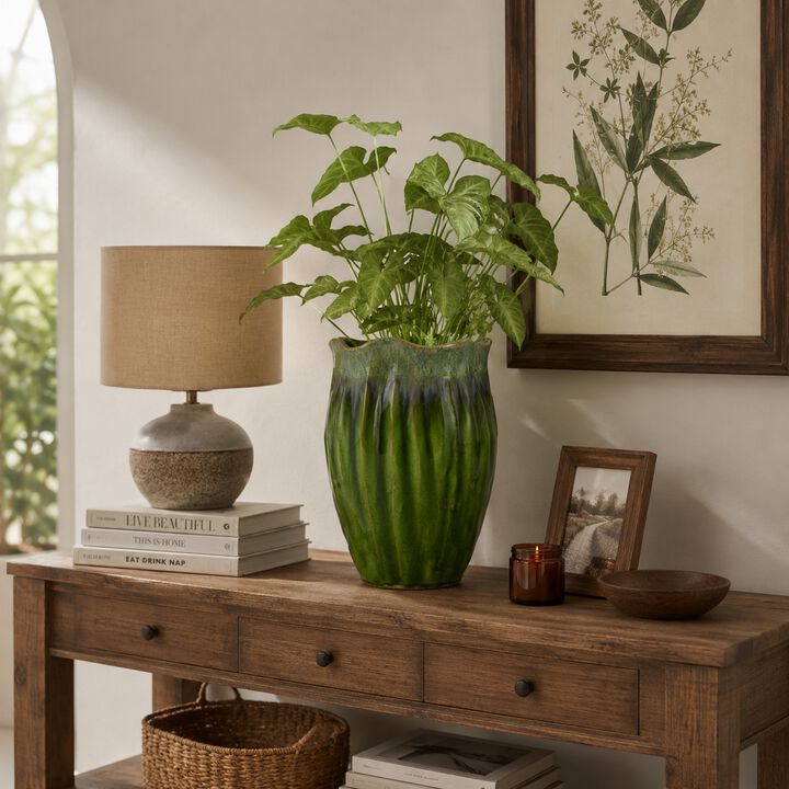 Ashly Decorative Planter with Scalloped Rim, Green Textured Ceramic 11 Inch