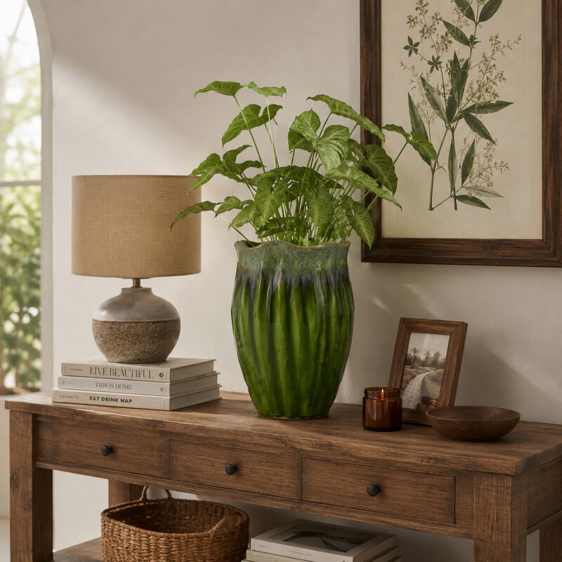 Ashly Decorative Planter with Scalloped Rim, Green Textured Ceramic 11 Inch image number 1