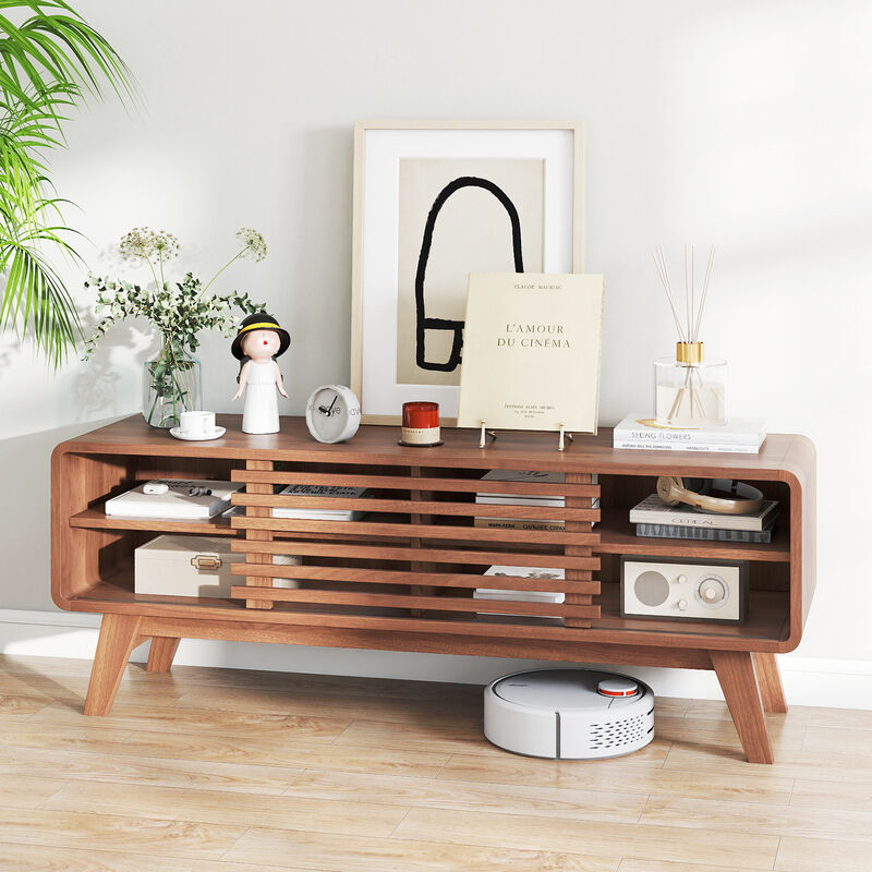 Modern TV Stand with Sliding Door & Adjustable Shelves for Living Room Entertainment-Brown image number 4