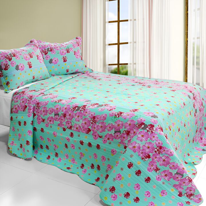 Queen Size 3-Piece Cotton Vermicelli Quilted Printed Quilt Set with Matching Pillow Shams