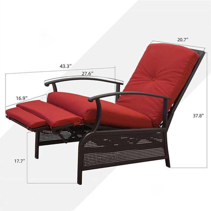 Patio Recliner Chair with Cushions, Outdoor Adjustable Lounge Chair, Reclining Patio Chairs with Strong Extendable Metal Frame for Reading, Garden, Lawn (Red, 1 Chair)