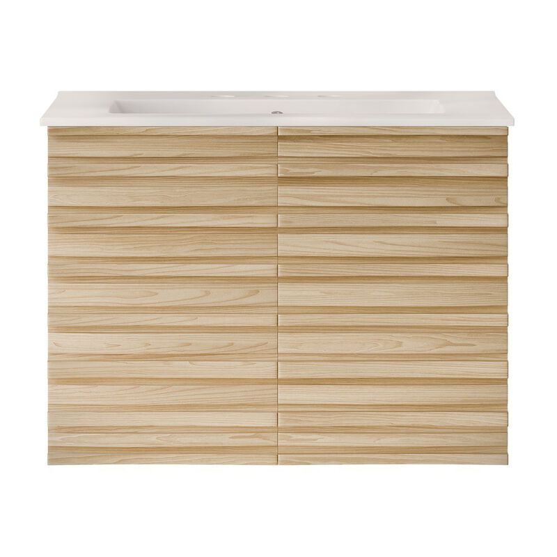 30" Wall-Mounted Bathroom Vanity in Natural Oak with 3-Hole Widespread Sink Top image number 0