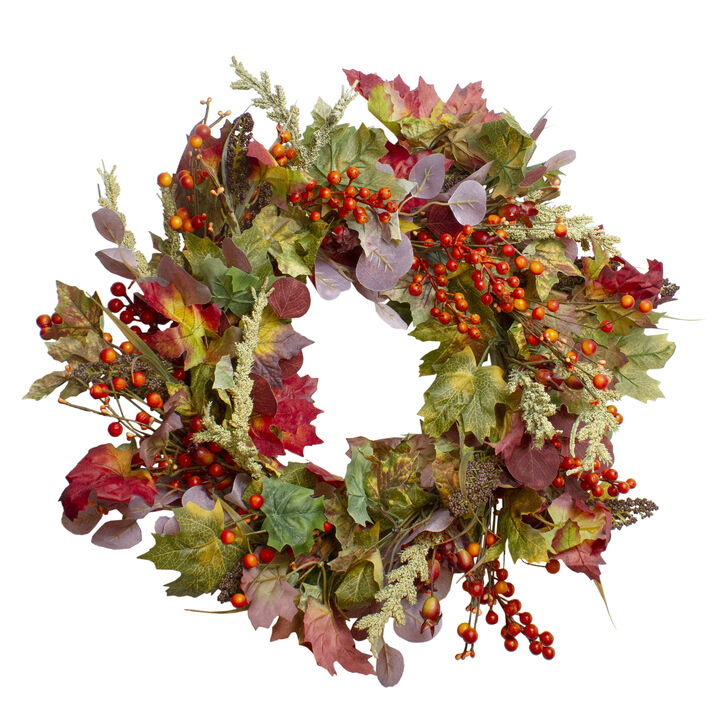 Leaves and Berries Artificial Fall Harvest Wreath - 20-Inch  Unlit