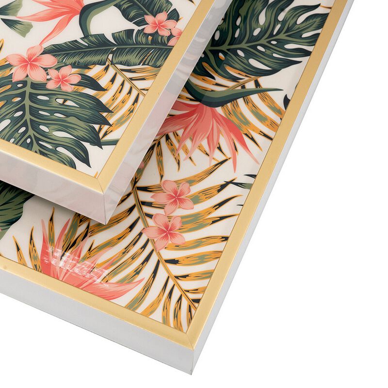 Set of 2 Decorative Trays, Crisp White MDF, Floral Printed PVC, Pink, Green - Benzara