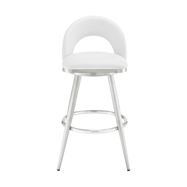 Visy 30 Inch Swivel Barstool Chair, Round Open Back, White Faux Leather - Benzara