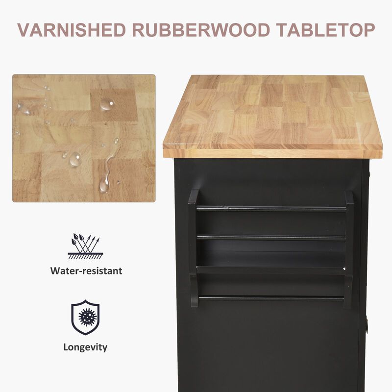 Black Kitchen Island: Cart with Varnished Rubberwood Top and Casters