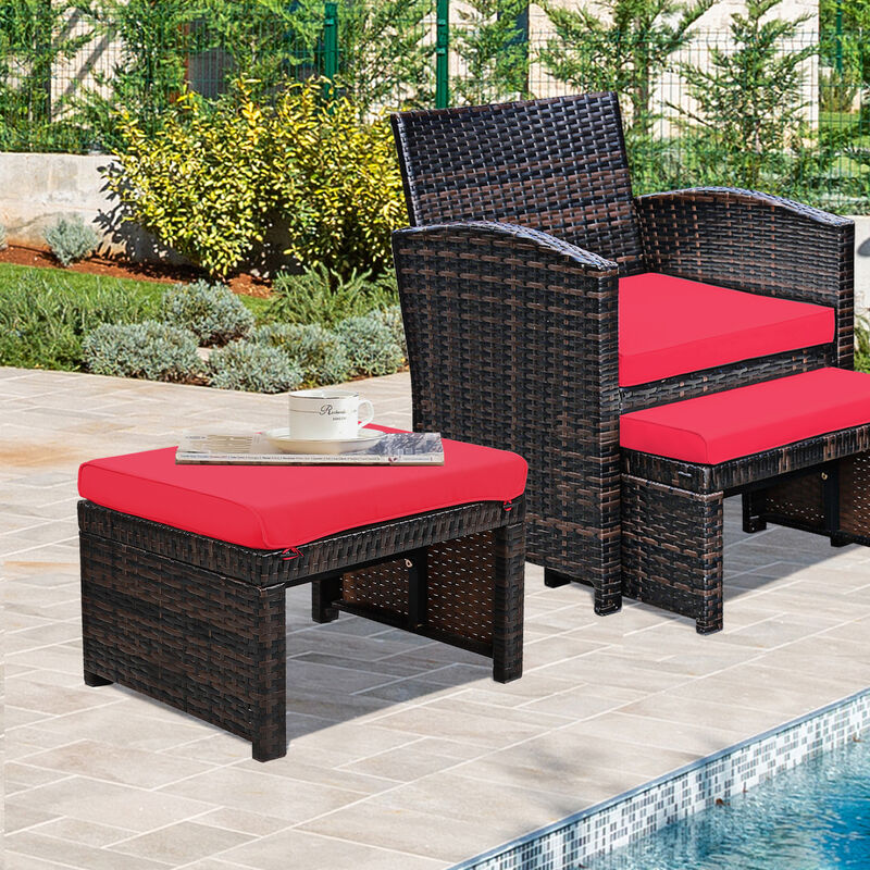2 Pieces Patio Rattan Ottomans with Soft Cushion for Patio and Garden