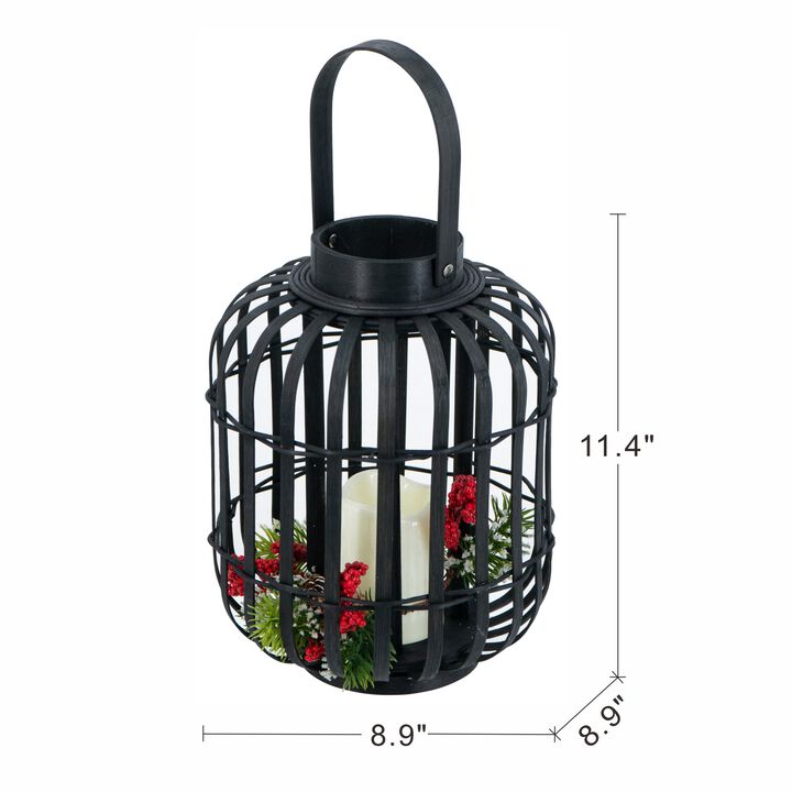 Clihome 8.9x8.9x11.4" Black Bamboo Lantern with White LED Candle