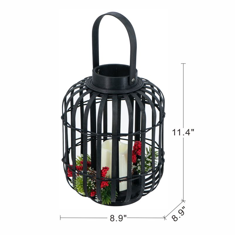 Clihome 8.9x8.9x11.4" Black Bamboo Lantern with White LED Candle