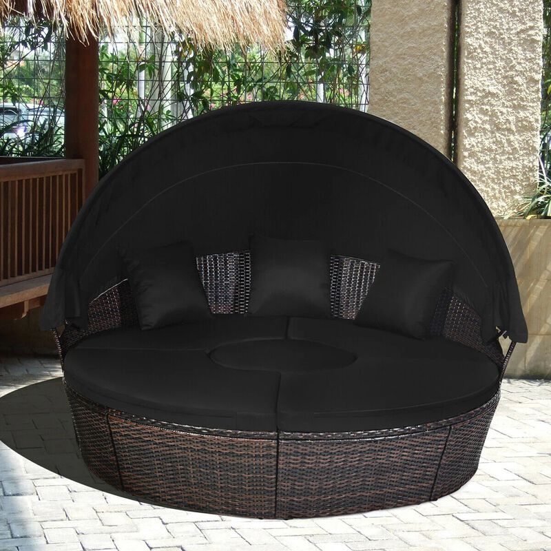 Mondawe Patio Round Rattan Daybed with Retractable Canopy and Height Adjustable Coffee Table