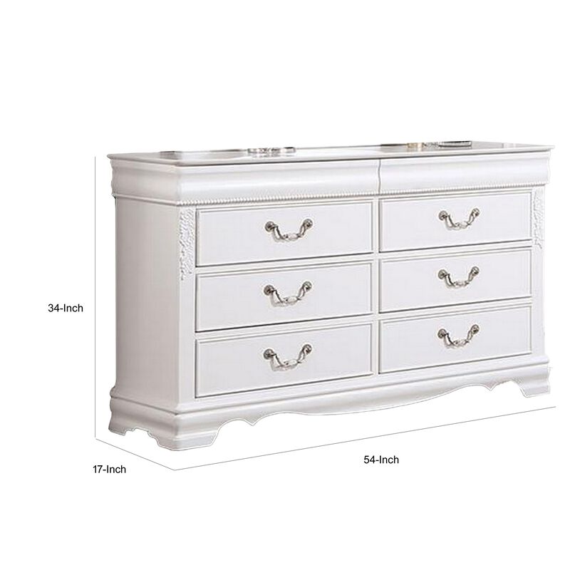 Benjara Aleci 54 Inch Wide Dresser Chest, 6 Drawers, Carved Detail, Wood, White and Nickel