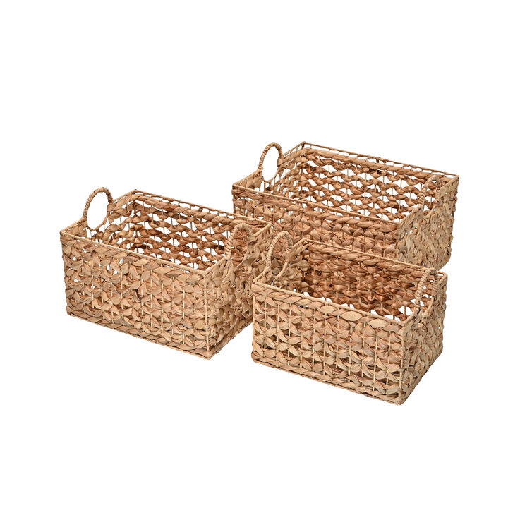 Quinn Bohemian Cottage Woven Hyacinth Rectangular Storage Baskets with Handles