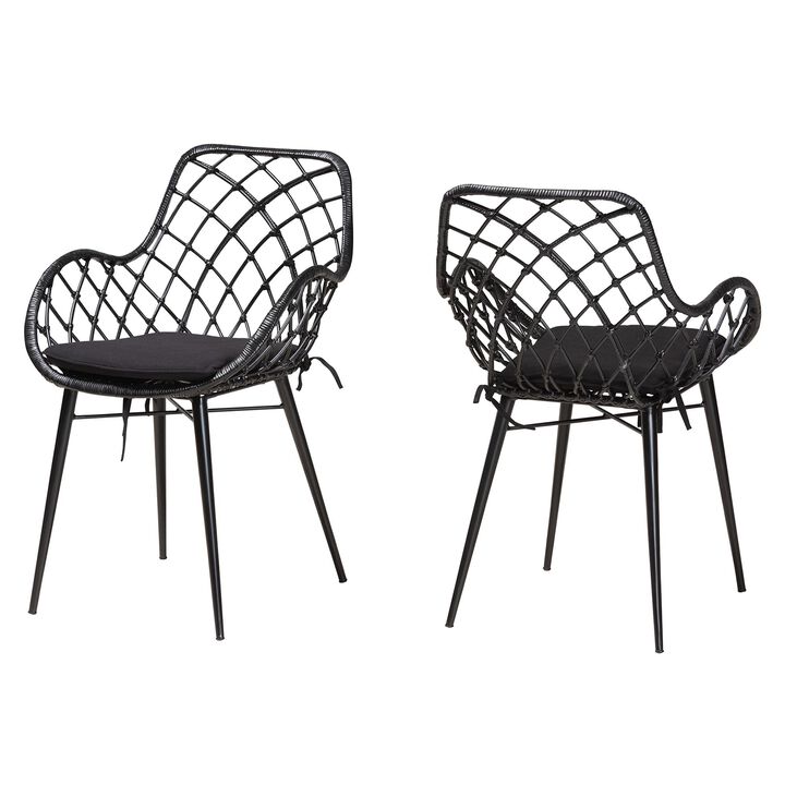 Bali & Pari Ballerina Modern Black Finished Rattan and Metal 2-Piece Dining Chair Set