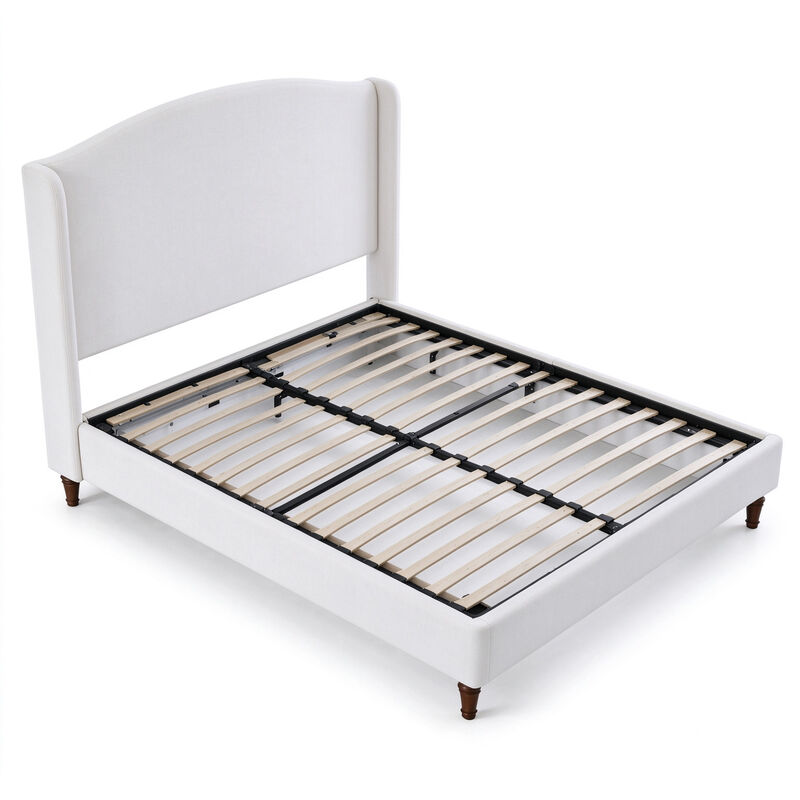 Queen Wingback Upholstered Bed with 54" Camelback Headboard, Ivory Textured Fabric image number 5