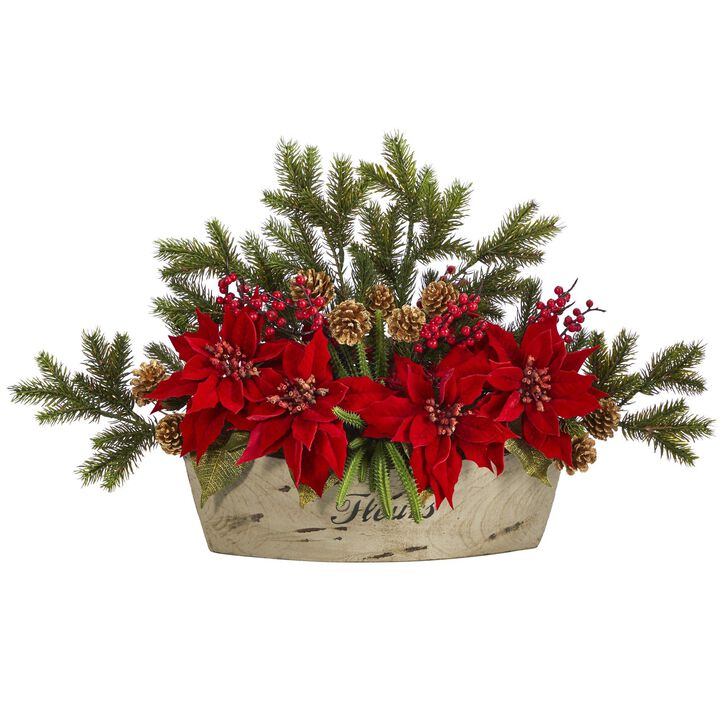 Nearly Natural 25-in Poinsettia, Succulent and Pine in Decorative Vase